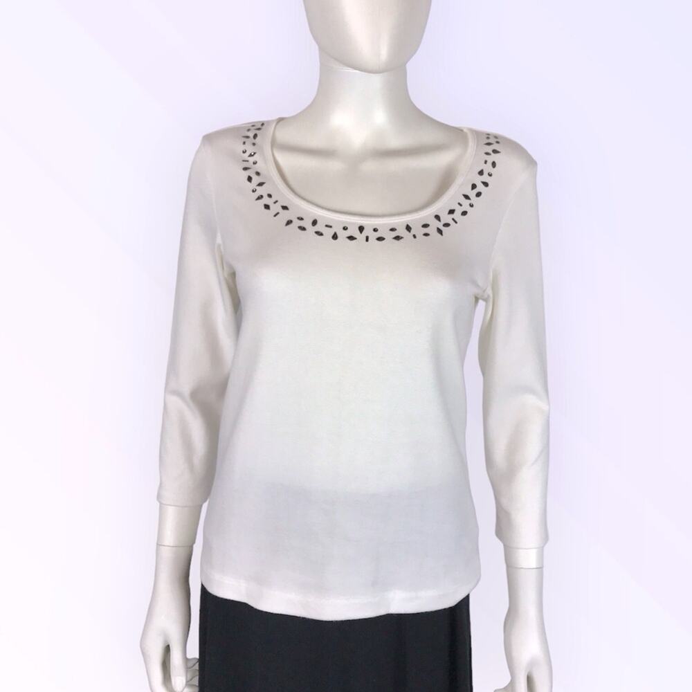 Chico's White & Silver Embellished Tee Shirt Round Neck 3/4 Sleeves